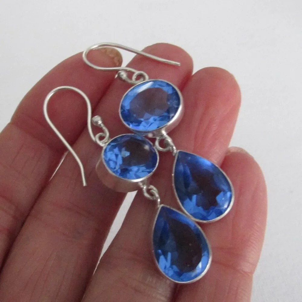 Sterling Silver 925 Blue Tanzanite Double Drop Earrings 4.5cm - Picture 4 of 8